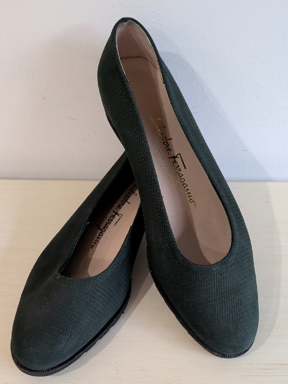 Salvatore Ferragamo Forest Green Textured Leather Flats Size 8
